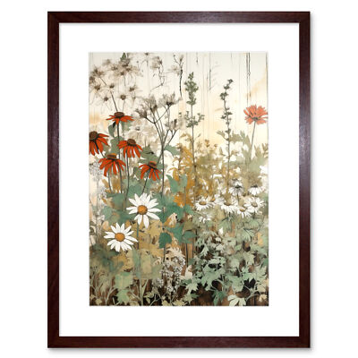 Wildblumen Vintage Aquarell Gemälde rot weiß Gänseblümchen gerahmt Kunstdruck 12x16