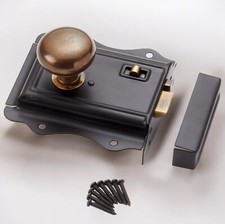 VINTAGE RETRO CLASSIC STYLE BLACK RIM DOOR LOCK AND ANTIQUE RIM KNOB SET HANDLES