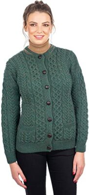 SAOL Irish Aran Cardigan Sweater Women's 100% Merino Wool Button Up Jacket