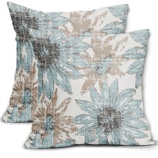 Light Blue and Brown Pillow Covers 18x18 Set of 2 Retro Sunflower Flowers Pri...