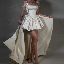 Luxury Short Wedding Dress Women's Satin Mermaid 2In 1 Sleeveless Boat Neck Mini