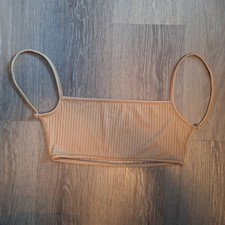 Tan Ribbed Knit Cropped Cami Tank Top Spaghetti Strap Beige Size Small