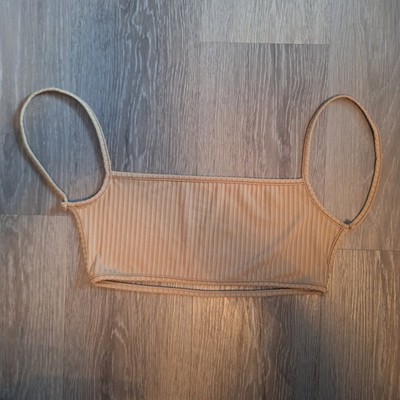 Tan Ribbed Knit Cropped Cami Tank Top Spaghetti Strap Beige Size Small