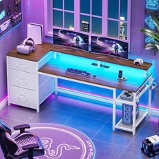Reversible Computer Desk with 3 Drawers and Storage, Gaming Desk with LED Lights