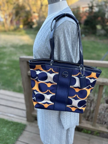Coach Signature Tote, Small, Navy & Orange, Hang Tag Included
