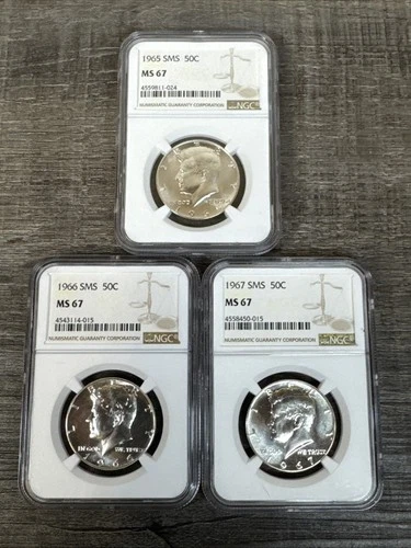 1965 1966 & 1967 SMS Kennedy Half Dollar certified MS 67 NGC 40% Silver Proof