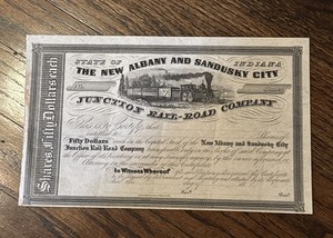 NEW ALBANY & SANDUSKY CITY JUNCTION RAILROAD STOCK Rare Unissued 1880’s Indiana
