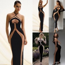 Sexy Women's Long Dress Evening Party Halterneck Mesh See Through Sheer DressES