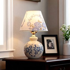 Blue porcelain ceramic table lamp with fabric lampshade bedside table lamp