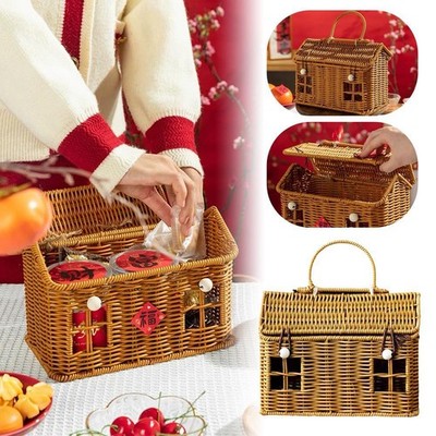 Handmade Rattan House Basket W/ Lid Woven Wicker Storage Organizer Handle Decor