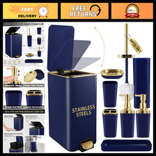 Navy Blue  Gold 8-Piece Bathroom Accessories Set with Trash Can, Brush  Dispen