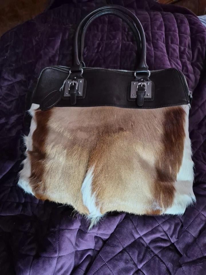 Wilson Leather Messenger Handbag Brown With Deer Fur Silvertone Hardware - Image 3 of 4