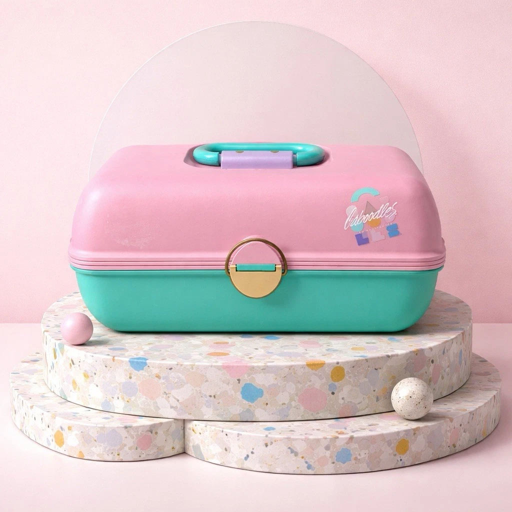 Vintage 90s Caboodles Makeup Organizer Carrying Case Pink Teal Mirror 2 Tier