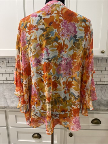 Vince Camuto Tunic Top Womens 2X Orange Pink Floral Flutter Ruffle Sleeves New - Afbeelding 5 van 10