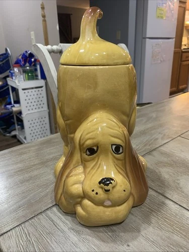 Vintage Brown Thinking Hound Dog Ceramic Cookie Jar Dog treat Jar USA