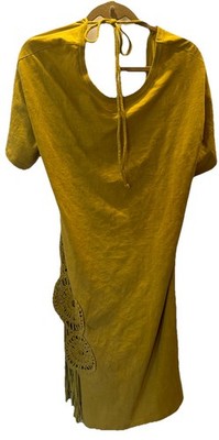 Anthropologie Celandine Crochet & Fringe Kaftan Cover Up Tee Dress Yellow  Sz SM