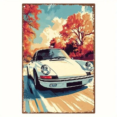Blechschild Porsche Sportwagen im Herbst Vintage Metallschild TEL2926