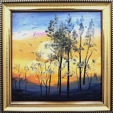 Original oil painting framed forest landscape, Sunset Landscape 7x7in