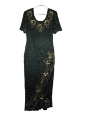 Laurence Kazar Womens 100% Silk Embellished Beaded Sequin Gown Dress Sz XL Green