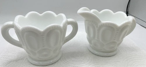 Vintage LE Smith Moon & Stars Milk Glass Creamer&Sugar