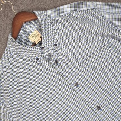LL Bean Mens XXL Button Down Shirt Blue Green Micro Houndstooth Cotton 508103
