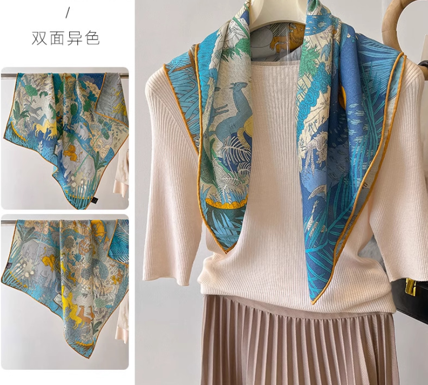 70% Cashmere 30% Silk Bandana 25'' Wrap Blue dinosaur Print Double Face Scarf