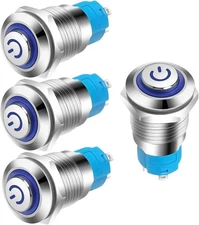 4pcs IP65 Waterproof Push Button 12mm 3A 12-24V with Blue LED, Silver 
