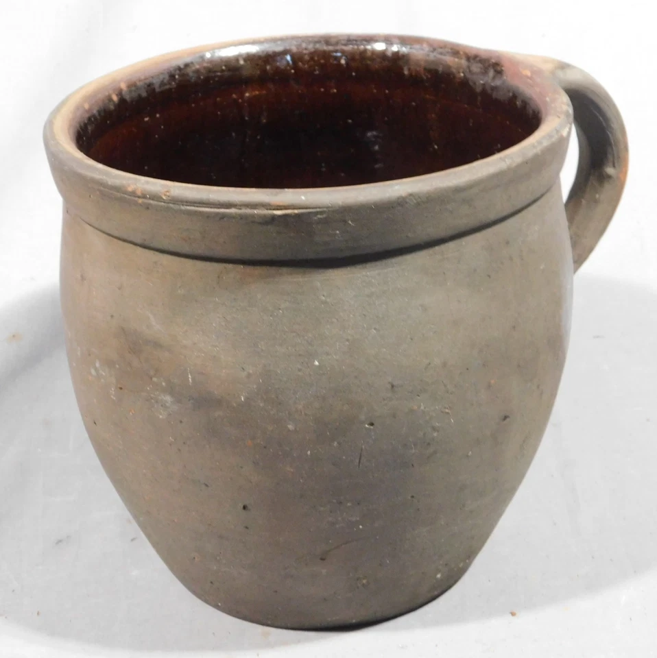 Antique redware storage crock bean pot glazed 18th 19th c PA thunder cup mug - Image 3 of 4