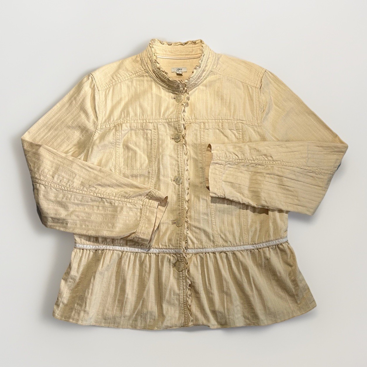 J.Jill Ruffled Trim Peplum Blazer Jacket Womens Large Cottagecore Butter Yellow