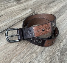Vintage Y2K FOSSIL Genuine Leather Belt Patchwork Floral STUDDED Cowhide Tooled