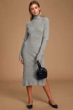 LULUS Lulus Sheerah Turtleneck Midi Sweater Dress M MEDIUM GRAY NEW *Z19