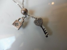 Beautiful, old chain, necklace with 2 pendants: lock and key, 925 silver