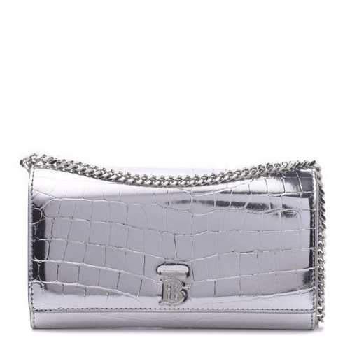 Burberry Metallic Calfskin Crocodile Embossed Hannah Wallet On Chain Silver