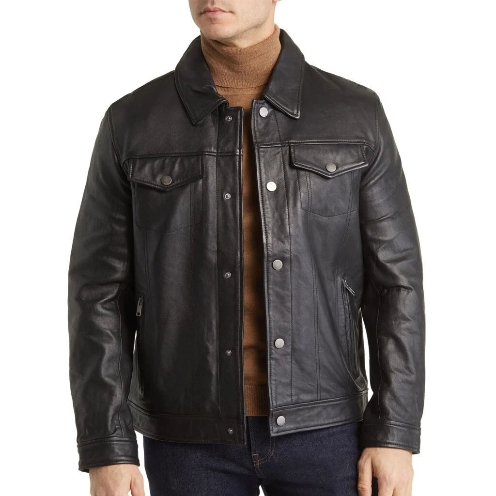 LeatherViz Black Leather Trucker Jacket for Men 100% Genuine Leather jacket Mens