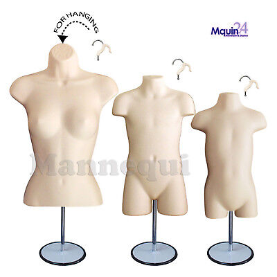 1 Stand Lot of 3 Flesh Women/'s Body Forms w//3 Hangers Female Mannequin Torsos