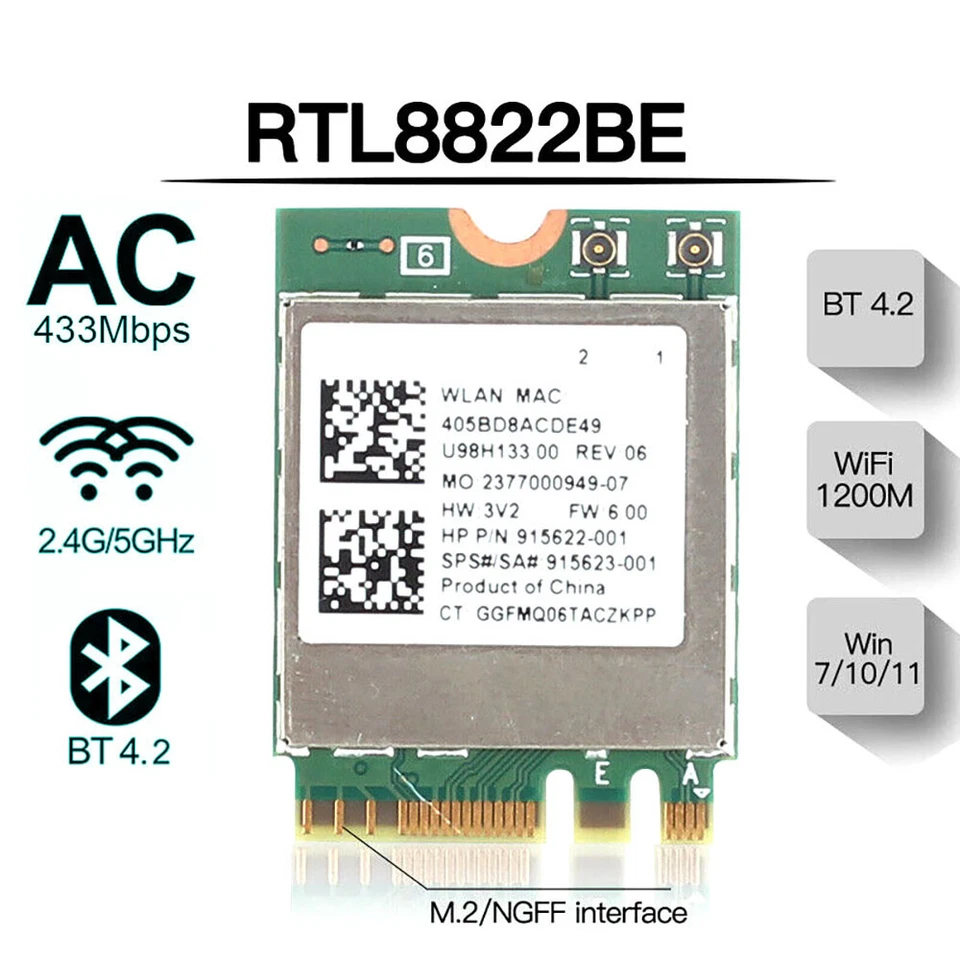 Tarjeta inalámbrica HP 915622-001 Realtek RTL8822BE WiFi 802.11 Bluetooth 4.2 M.2 NGFF Foto 2 de 4