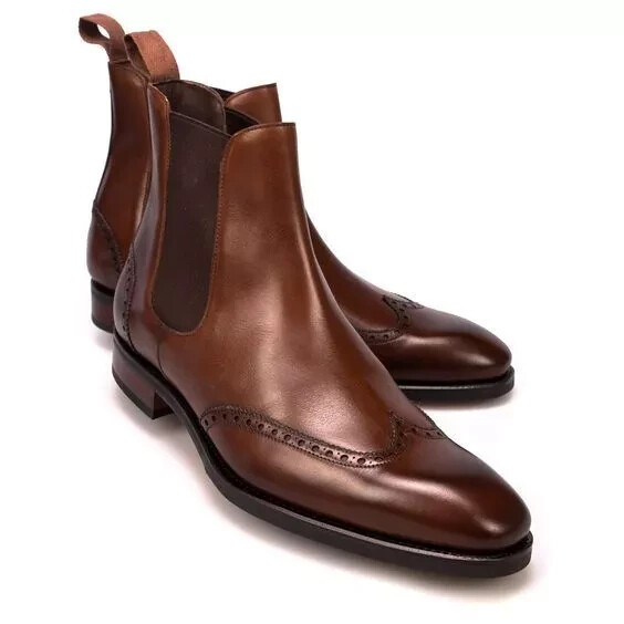 Men\'s Brown Leather Chelsea Boots - Classic Wingtip Detail Buy New Men main image 2