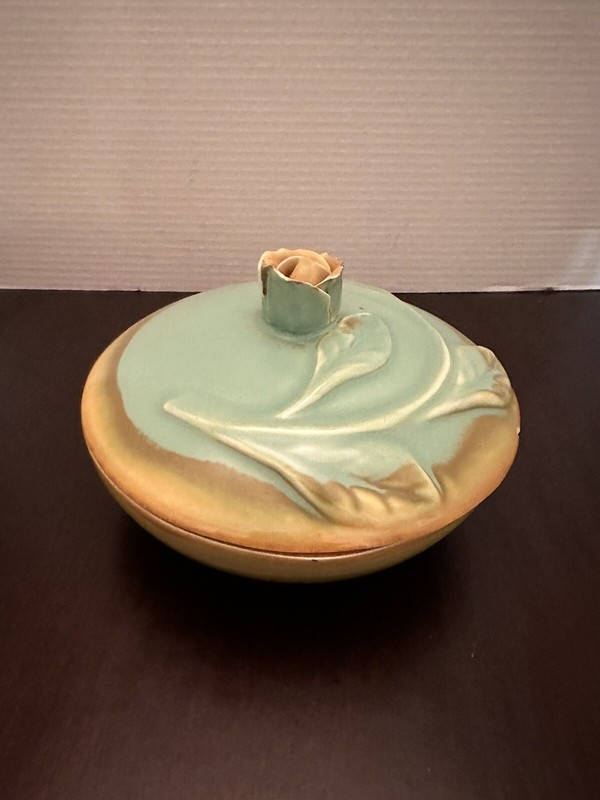 Vintage 1940's Pottery Trinket Dish Blue Goldenrod Brown Bowl Lidded Rose Flower