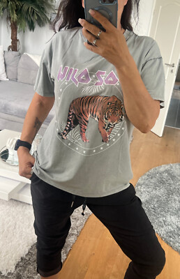 Italy T- Shirt blogger Top Trend Gr.36 38 40 Vintage grau Tiger Wild Print