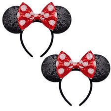 2 PCS Mouse Ears Shiny Red Sequin Bow Mouse Ears Headbands for Adult Women Gi...