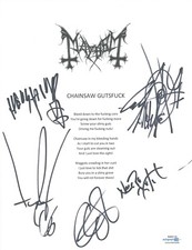 Mayhem Metal Band Signed Chainsaw Guts Lyric Sheet Attila Csihar +4 ACOA COA