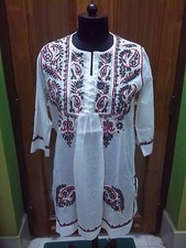 L 42" KURTA KURTI TUNIC 100 COTTON ETHNIC CHIKAN EMBROIDERY HANDMADE TOP BLOUSE
