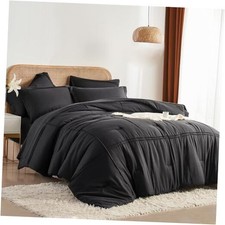 Queen Comforter Set 7 Piece Bed in a Bag,Grid Pinch 7Piece-Queen 90X90" Black