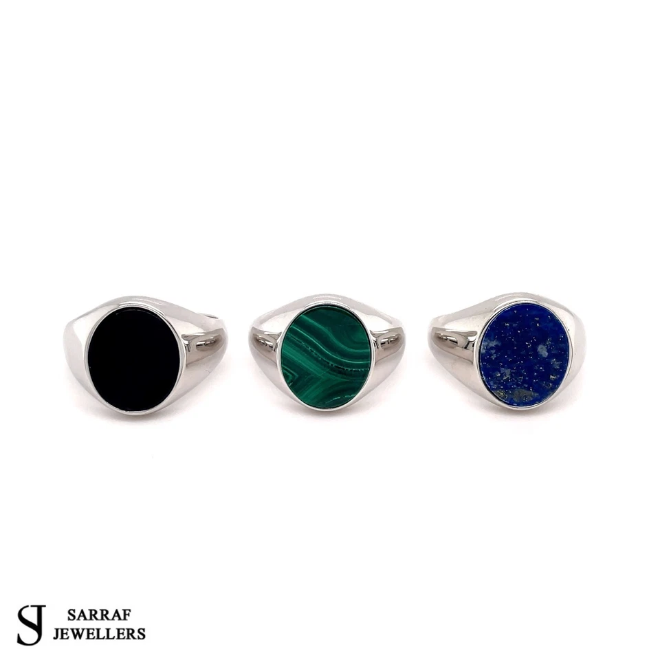 Solid 925 Sterling Silver Men's Oval Black Onyx Lapis Malachite Signet Ring NEW - Image 2 of 4