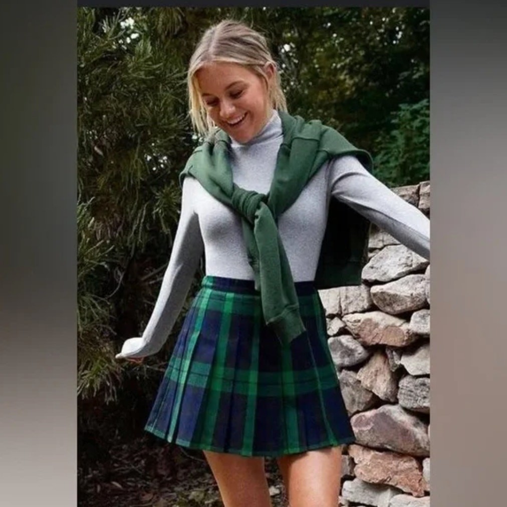 NWT Aerie Pleated Plaid Mini Skirt in Green Blue Sz S | eBay