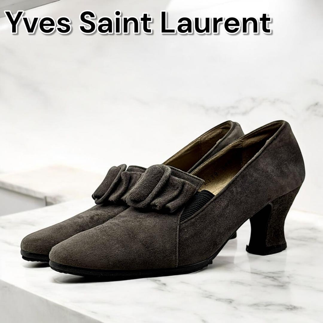 Decolte Yves Saint Laurent YSL tacco EU 34 5 grigio scamosciato nastro 0102291K autentiche