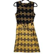 ILE New York Sheath Dress Geometric Print Black Yellow Sleeveless Belted Size 8