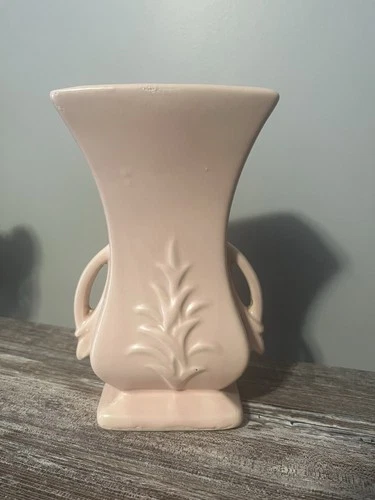 McCoy Vintage Pink/Peach Art Deco Pottery 8"  Double-Handled Vase