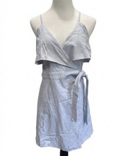 HD in Paris Light Blue Cotton Linen Blend Layered Wrap Mini Dress Size Small S
