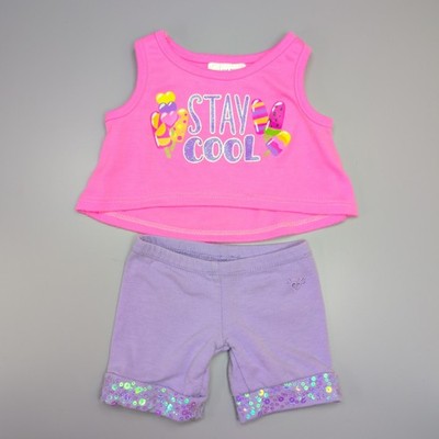 Build A Bear Stay Cool rosa Trägertop und lila Pailletten Leggings Outfit